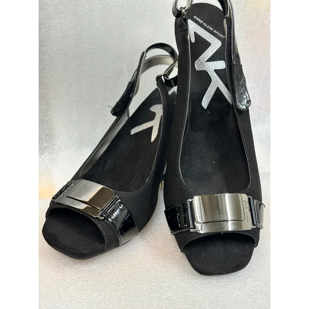 Anne‎ Klein Sport Black Slingback Wedge Peep Toe Heels Shoes Women 10M